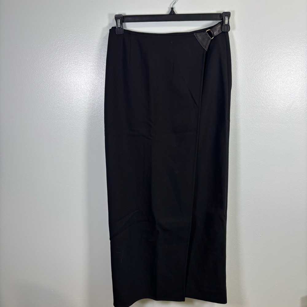 Dana Buchman Black Wool Maxi Skirt Leather Buckle Detail Size 6 Vintage
